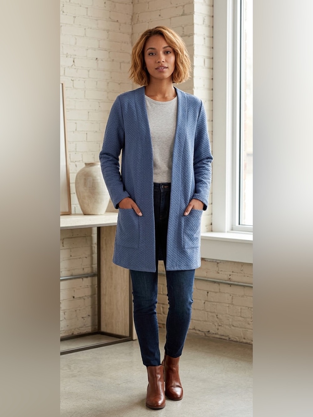 L.L. Bean Blue Quilted Open Front Long Sleeve Cardigan Size L